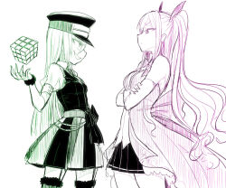 Rule 34 | 2girls, alina gray, ami ria, bow, chain, crossed arms, cube, elbow gloves, eye contact, from side, fur-trimmed thighhighs, fur trim, furrowed brow, gloves, hat, ken (koala), long hair, looking at another, magia record: mahou shoujo madoka magica gaiden, magical girl, mahou shoujo madoka magica, multiple girls, open mouth, peaked cap, pleated skirt, profile, puffy short sleeves, puffy sleeves, short sleeves, skirt, smile, standing, straight hair, thighhighs, very long hair, vest, waist bow