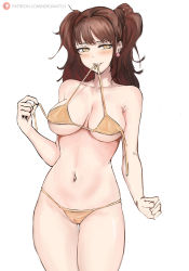 Rule 34 | 1girl, absurdres, bikini, blush, bra, bra pull, breasts, brown hair, cameltoe, cleft of venus, clothes pull, earrings, highres, jewelry, kujikawa rise, large breasts, navel, nero watch, panties, persona, persona 4, pussy, seductive smile, smile, solo, swimsuit, thigh gap, underboob, underwear, yellow eyes
