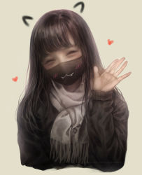 Rule 34 | 1girl, absurdres, brown hair, cropped torso, closed eyes, facing viewer, heart, highres, long hair, mask, mouth mask, original, realistic, scarf, shal.e, simple background, solo, surgical mask, sweater, upper body, waving