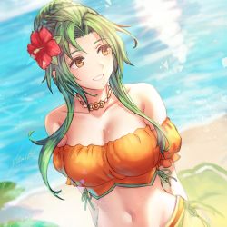 Rule 34 | 1girl, anbe yoshirou, bare shoulders, bikini, breasts, brown eyes, cleavage, collarbone, commentary request, day, elincia ridell crimea, fire emblem, fire emblem: path of radiance, fire emblem: radiant dawn, fire emblem heroes, flower, green hair, hair bun, hair flower, hair ornament, highres, jewelry, large breasts, long hair, looking away, medium breasts, navel, necklace, nintendo, ocean, off-shoulder bikini, off shoulder, official alternate costume, orange bikini, outdoors, parted lips, puffy short sleeves, puffy sleeves, shore, short sleeves, simple background, smile, solo, stomach, strapless, strapless bikini, swimsuit, upper body, water