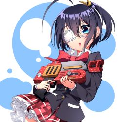 Rule 34 | 1girl, :o, ahoge, black hair, black jacket, blazer, blue eyes, bow, bowtie, chuunibyou demo koi ga shitai!, commentary request, cowboy shot, dress shirt, eyepatch, forute na, frilled skirt, frills, hair ribbon, highres, holding, holding weapon, icho private high school uniform, jacket, long sleeves, looking at viewer, medical eyepatch, miniskirt, nintendo, one side up, open mouth, plaid, plaid skirt, pleated skirt, rapid blaster (splatoon), red bow, red bowtie, red skirt, ribbon, school uniform, shirt, short hair, skirt, solo, splatoon (series), standing, takanashi rikka, weapon, white shirt, wing collar, yellow ribbon