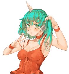 Rule 34 | 1girl, absurdres, adjusting hair, alternate hairstyle, bare shoulders, breasts, choker, cleavage, green eyes, green hair, highres, horns, komano aunn, long hair, looking at viewer, nail polish, red nails, simple background, single horn, solo, star-shaped pupils, star (symbol), symbol-shaped pupils, tomatolover16, touhou, upper body, white background