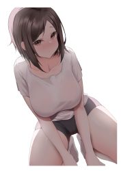 Rule 34 | 1girl, absurdres, bike shorts, blush, breasts, brown eyes, brown hair, closed mouth, collarbone, dumbbell nan kilo moteru?, highres, kneeling, laan (0110), large breasts, looking at viewer, mole, mole under eye, shirt, short sleeves, simple background, socks, solo, tachibana satomi, white background, white shirt