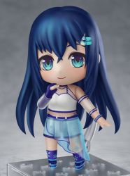 Rule 34 | 1girl, artist name, blue eyes, blue footwear, blue gloves, blue hair, blue shorts, blue socks, character request, chibi, closed mouth, commission, elbow gloves, faux figurine, fingerless gloves, gloves, highres, indie virtual youtuber, long hair, looking at viewer, nendoroid, second-party source, shiori2525, shorts, single glove, smile, socks, solo, virtual youtuber