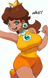 Rule 34 | 1girl, absurdres, armpits, blue eyes, breasts, brown hair, cowboy shot, crown, dark-skinned female, dark skin, dated, earrings, highres, jewelry, large breasts, long hair, mario (series), mario tennis, nintendo, open mouth, orange shoes, princess daisy, shorts, signature, simple background, smile, solo, super mario land, tennis daisy, thighs, white background, whoopsatro