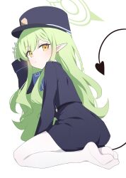 Rule 34 | 1girl, absurdres, black hat, black jacket, black skirt, black tail, blue archive, blush, closed mouth, demon tail, earrings, gloves, green hair, green halo, hagoonha, halo, hat, hikari (blue archive), highres, jacket, jewelry, long hair, long sleeves, looking at viewer, pantyhose, peaked cap, pleated skirt, pointy ears, sidelocks, simple background, skirt, solo, tail, white background, white gloves, white pantyhose, yellow eyes