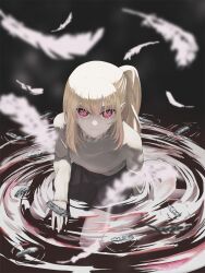 Rule 34 | 1girl, aqwariate, black skirt, blonde hair, commentary, crying, crying with eyes open, falling feathers, feathers, grey shirt, highres, hoshino ruby, long hair, long sleeves, looking at viewer, one side up, oshi no ko, partially submerged, pink eyes, scene reference, shirt, sidelocks, sitting, skirt, solo, spoilers, star-shaped pupils, star (symbol), streaming tears, symbol-shaped pupils, tears, wariza