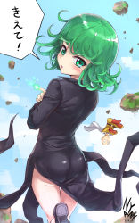 Rule 34 | 10s, 1boy, 1girl, 2016, :o, ass, bad id, bald, belt, black dress, black eyes, blue sky, blush, bodysuit, boots, cape, cloud, crossed arms, curly hair, dated, day, dress, floating, floating rock, gloves, glowing, green eyes, green hair, indian style, long sleeves, moss, no panties, nyan (themare), one-punch man, open mouth, plant, red footwear, red gloves, saitama (one-punch man), shoe soles, signature, sitting, skin tight, sky, speech bubble, talking, tatsumaki, thigh gap