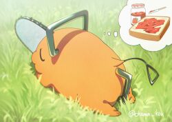 Rule 34 | 1other, absurdres, bread, bread slice, chainsaw man, chama kou, closed eyes, dreaming, food, from above, fruit, highres, jam, jar, knife, on grass, pochita (chainsaw man), sleeping, strawberry, thought bubble, twitter username
