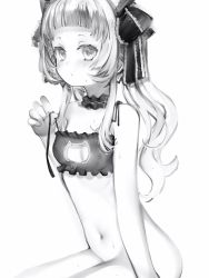 Rule 34 | adjusting camisole, adjusting clothes, arm support, blunt bangs, bottomless, bow hairband, breast cutout, camisole, cat cutout, choker, cleavage cutout, clothing cutout, curly hair, dot mouth, dot nose, facing away, frilled camisole, frilled choker, frills, greyscale, hairband, highres, hololive, long hair, looking at viewer, monochrome, murasaki shion, nanashi (nlo), navel, short eyebrows, sidelocks, simple background, sitting, sweatdrop, twintails, untied camisole, virtual youtuber, white background