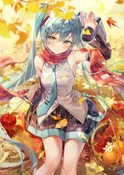 absurdres ame929 apple arm_support arm_up autumn black_sleeves blue_hair blue_necktie closed_mouth food fruit green_eyes hand_up hatsune_miku highres leaning long_hair looking_at_viewer necktie on_ground pleated_skirt scarf shirt sitting skirt sleeveless sleeveless_shirt twintails vocaloid