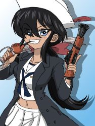 Rule 34 | 1girl, antique firearm, black coat, black eyes, black hair, black neckerchief, blouse, blue background, bow, coat, commentary, dark skin, dixie cup hat, dual wielding, firearm, firelock, flintlock, girls und panzer, gradient background, grin, gun, hair bow, hair over one eye, handgun, hat, hat feather, holding, long coat, long hair, long sleeves, looking at viewer, midriff, military hat, miniskirt, mouth hold, navel, neckerchief, ogin (girls und panzer), ooarai naval school uniform, open clothes, open coat, pipe in mouth, pleated skirt, ponytail, red bow, sailor, sailor collar, school uniform, shadow, shirt, skirt, smile, smoking pipe, solo, takahashi kurage, trigger discipline, weapon, white hat, white shirt, white skirt