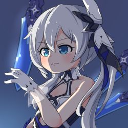 Rule 34 | 1girl, bare shoulders, basukechi, blue background, blue eyes, closed mouth, gloves, hair between eyes, hair ornament, highres, honkai (series), honkai impact 3rd, looking ahead, side ponytail, simple background, solo, theresa apocalypse, theresa apocalypse (twilight paladin), v-shaped eyebrows, white gloves, white hair