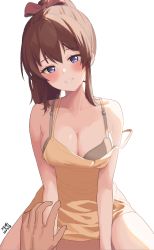 Rule 34 | 1boy, 1girl, blue eyes, blush, bow, breasts, brown hair, cleavage, collarbone, cowgirl position, dated, dress, girl on top, hair bow, hetero, highres, idolmaster, idolmaster million live!, light smile, long hair, looking at viewer, medium breasts, myeolchi, off-shoulder dress, off shoulder, ponytail, pov, red bow, satake minako, simple background, sleeveless, sleeveless dress, solo, straddling, thighs, white background, yellow dress