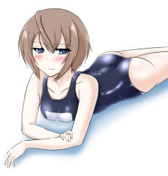 Rule 34 | 10s, 1girl, ass, blanc (neptunia), blue eyes, blush, breasts, brown hair, female focus, frown, kisaragikagami, looking at viewer, lying, neptune (series), on stomach, school swimsuit, short hair, solo, swimsuit