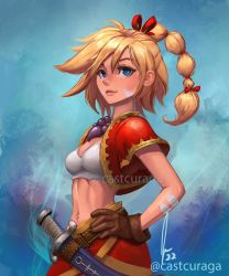 Rule 34 | 1girl, artist name, belly, blonde hair, blue eyes, braid, braided ponytail, breasts, castcuraga, chrono cross, cleavage, crop top, facial mark, gloves, hair ribbon, hand on own hip, jewelry, kid (chrono cross), midriff, multi-tied hair, navel, necklace, ponytail, ribbon, sheath, sheathed, simple background, skirt, smile, sword, weapon