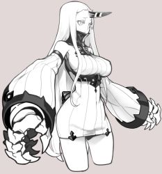Rule 34 | 10s, 1girl, abyssal ship, breasts, claws, dress, horns, kantai collection, large breasts, long hair, masn (moxi), pale skin, ribbed dress, seaport princess, short dress, sideboob, single horn, solo, very long hair, white hair