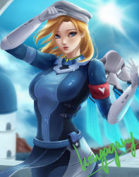 Rule 34 | 1girl, absurdres, alternate hairstyle, armband, artist name, beret, blonde hair, blue bodysuit, blue eyes, blue sky, bodysuit, breasts, combat medic ziegler, day, eyeliner, glowing, glowing wings, hand on headwear, hat, heart, highres, hongagany, lips, long sleeves, looking at viewer, makeup, mechanical wings, medium breasts, medium hair, mercy (overwatch), official alternate costume, outdoors, overwatch, overwatch 1, parted lips, pink lips, pouch, signature, sky, solo, sun, upper body, white hat, wind, wings