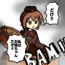 Rule 34 | 1girl, anger vein, angry, black hat, black jacket, brown eyes, brown hair, check translation, commentary, dress shirt, frown, garrison cap, girls und panzer, hat, highres, jacket, kuromorimine military uniform, long sleeves, looking to the side, military, military hat, military uniform, motion lines, nishizumi maho, open mouth, ponita-poniponi, red shirt, shirt, short hair, solo, sound effects, tank cupola, translation request, uniform, wing collar