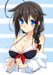 Rule 34 | 1girl, absurdres, ahoge, bare shoulders, bikini, black bikini, black hair, blue eyes, blush, braid, breasts, breasts day, cleavage, collarbone, commentary request, hair between eyes, hair flaps, hair ornament, hair over shoulder, highres, kantai collection, long hair, looking at viewer, medium breasts, off-shoulder sweater, off shoulder, official alternate costume, sailor bikini, sailor collar, shiba (zudha), shigure (kancolle), shigure kai ni (kancolle), simple background, smile, solo, striped, striped background, sweater, swimsuit, upper body, white sweater