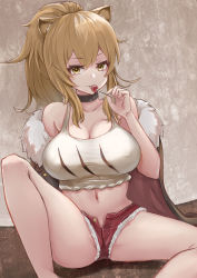 Rule 34 | 1girl, absurdres, animal ears, arknights, bare arms, bare shoulders, black choker, blonde hair, breasts, candy, choker, cleavage, collarbone, commentary request, food, fur-trimmed jacket, fur trim, hair between eyes, highres, holding, holding food, jacket, knee up, large breasts, licking, lion ears, lion tail, lollipop, long hair, looking at viewer, midriff, navel, off shoulder, open fly, red shorts, short shorts, shorts, siege (arknights), sitting, solo, srn ana, tail, tank top, thighs, tongue, tongue out, white background, white tank top, yellow eyes