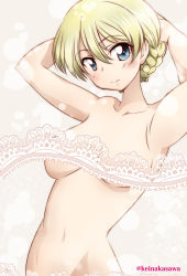 Rule 34 | 10s, 1girl, arms behind head, blonde hair, blue eyes, braid, breasts, censored, commentary, darjeeling (girls und panzer), girls und panzer, looking at viewer, medium breasts, nakasawa kei, navel, nude, out-of-frame censoring, short hair, solo, twin braids, twitter username