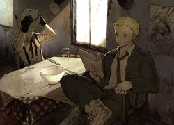 Rule 34 | 1boy, 1girl, black gloves, black jacket, black necktie, black pants, blonde hair, blue eyes, book, bowl, chair, chopsticks, collared shirt, covered face, crack, cracked glass, cracked wall, crossed legs, cup, day, demon girl, demon horns, demon tail, dorohedoro, drinking glass, en (dorohedoro), english text, formal, gloves, grey hair, hands up, holding, holding book, holding bowl, horns, indoors, jacket, long hair, long sleeves, necktie, noi (dorohedoro), pano (pixiv21450527), pants, plaid, poster (object), reading, red eyes, shin (dorohedoro), shirt, shoes, short hair, short sleeves, sitting sideways, stitched fingers, suit, suspenders, table, tablecloth, tail, tile floor, tiles, white footwear, white shirt, window
