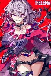 Rule 34 | 1girl, absurdres, asymmetrical legwear, black choker, black gloves, black shorts, bow, bright pupils, chain, character name, choker, coat, cowboy shot, gloves, hair between eyes, hair ornament, highres, honkai (series), honkai impact 3rd, long hair, looking at viewer, midriff, navel, needle, purple bow, purple eyes, red background, red coat, sewing needle, short shorts, shorts, signature, smile, solo, sparks summer, thelema (honkai impact), thighs, white hair, white pupils