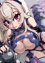 Rule 34 | 1girl, absurdres, arm behind back, black nails, bongfill, breast press, breasts, cleavage cutout, clothing cutout, hair ornament, highres, large breasts, long hair, mechanical tail, nails, red eyes, saruei (vtuber), scar, scar across eye, smile, tail, thighhighs, thighs, tongue, tongue out, virtual youtuber, white hair