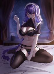 Rule 34 | 1girl, absurdres, alternate costume, bed, black bra, black shirt, black thighhighs, bra, breasts, cleavage, commentary request, curtains, enmaided, garter belt, genshin impact, hand up, highres, indoors, large breasts, long braid, long hair, looking at viewer, maid, maid headdress, mouth hold, navel, night, night sky, panties, puffy short sleeves, puffy sleeves, purple eyes, purple hair, raiden shogun, shirt, short sleeves, sitting, sky, smile, solo, stomach, thighhighs, thighs, underwear, very long hair, window, ying ling, yokozuwari