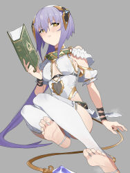Rule 34 | 1girl, absurdres, ananke 7, atelier (series), atelier sophie, barefoot, book, feet, foot focus, full body, grey background, highres, light blush, long hair, looking at viewer, parted lips, plachta, purple hair, shoes, simple background, sitting, soles, solo, stirrup legwear, symbol-shaped pupils, thighhighs, toeless legwear, toes, unworn shoes, white thighhighs
