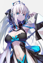 Rule 34 | 1girl, black bow, black dress, blue eyes, bow, braid, breasts, capelet, center opening, choker, cleavage, dress, fate/grand order, fate (series), french braid, grey hair, hair bow, hong (white spider), large breasts, long hair, long sleeves, looking at viewer, morgan le fay (fate), pelvic curtain, polearm, ponytail, pubic tattoo, sidelocks, solo, spear, spikes, stomach tattoo, tattoo, tiara, two-tone dress, very long hair, weapon, white capelet, white dress, wide sleeves