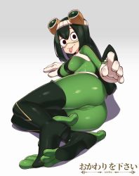 Rule 34 | 1girl, :p, artist logo, artist name, ass, asui tsuyu, bodysuit, boku no hero academia, boots, breasts, cameltoe, cleft of venus, commentary, cowfee, english commentary, frog girl, full body, gloves, goggles, goggles on head, gradient background, green bodysuit, green hair, grey background, highres, long hair, long tongue, looking at viewer, low-tied long hair, lying, medium breasts, on side, simple background, solo, thigh boots, thighhighs, tongue, tongue out, white gloves