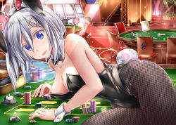 Rule 34 | 1girl, animal ears, ayakase hotaru, bare shoulders, black leotard, black neckwear, black pantyhose, blue eyes, bow, bowtie, breasts, card, casino, chair, cleavage, coconut tree, detached collar, eyes visible through hair, fake animal ears, fishnet pantyhose, fishnets, gambling, hair ornament, hair over one eye, hairclip, hamakaze (kancolle), highres, indoors, kantai collection, large breasts, leotard, lights, looking at viewer, neck ribbon, open mouth, palm tree, pantyhose, playboy bunny, playing card, poker chip, rabbit ears, rabbit tail, ribbon, roulette table, short hair, silver hair, sitting, slot machine, stairs, strapless, strapless leotard, table, tail, tree, wrist cuffs