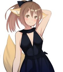 Rule 34 | 1girl, alternate costume, animal ears, arknights, arm behind head, arm up, armpits, black bow, black dress, blush, bow, brown eyes, brown hair, commentary request, dress, enoki p, fox ears, fox tail, hair between eyes, hair bow, highres, long hair, looking at viewer, partial commentary, perfumer (arknights), ponytail, simple background, sleeveless, sleeveless dress, smile, solo, tail, upper body, white background
