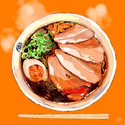 Rule 34 | amakawa tamawo, egg (food), food, food focus, highres, meat, no humans, noodles, orange background, original, ramen, simple background, steam