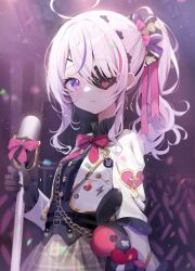Rule 34 | 1girl, ahoge, belt, black belt, black shirt, blush, bow, bowtie, brown skirt, checkered clothes, checkered skirt, collared shirt, cropped jacket, deyui, dress shirt, eyepatch, highres, holding, holding microphone stand, jacket, long sleeves, looking at viewer, maria marionette, medium hair, microphone stand, multicolored hair, nijisanji, nijisanji en, one eye covered, parted lips, pink bow, pink bowtie, pink hair, purple eyes, purple hair, shirt, side ponytail, skirt, streaked hair, stuffed animal, stuffed rabbit, stuffed toy, virtual youtuber, white jacket