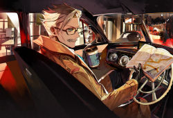 Rule 34 | 1boy, black gloves, blue eyes, car interior, checkered pants, city, coat, coffee cup, commentary request, cup, disposable cup, facial hair, fate/grand order, fate (series), glasses, gloves, holding, holding map, itefu, james moriarty (archer) (fate), male focus, map, mustache, sitting, solo, white hair