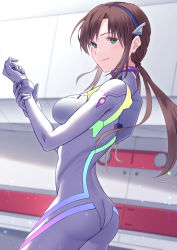 Rule 34 | 1girl, absurdres, ass, bodysuit, breasts, brown hair, closed mouth, cowboy shot, evangelion: 3.0+1.0 thrice upon a time, floating hair, from side, green eyes, hairband, highres, indoors, ka ki o, long hair, low twintails, makinami mari illustrious, medium breasts, neon genesis evangelion, plugsuit, purple hairband, rebuild of evangelion, smile, solo, standing, twintails, very long hair, white bodysuit
