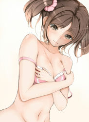 Rule 34 | 1girl, bare arms, blush, bottomless, bra, breasts, brown eyes, brown hair, cleavage, collarbone, crossed arms, groin, matsurika (j297021302), navel, off shoulder, original, pink bra, solo, standing, stomach, underwear, wavy mouth