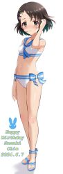 Rule 34 | 1girl, adjusting hair, bikini, black eyes, black hair, blue bow, blue footwear, blue sailor collar, blush, bow, breasts, character name, child, collarbone, commentary request, dated, dot nose, full body, hair ornament, hairclip, hand up, happy birthday, highres, idolmaster, idolmaster cinderella girls, kirinp u149, legs, looking at viewer, navel, rabbit hair ornament, sailor collar, sailor swimsuit (idolmaster), sandals, sasaki chie, short hair, simple background, small breasts, smile, solo, standing, swimsuit, thighs, toes, wet, white background, white bikini