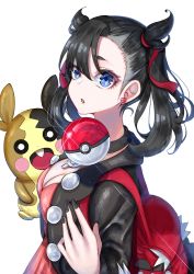 Rule 34 | 1girl, aqua eyes, asymmetrical bangs, asymmetrical hair, bad id, bad pixiv id, black hair, black jacket, black nails, breasts, choker, cleavage, commentary request, creatures (company), dress, earrings, from side, game freak, gen 8 pokemon, hair ribbon, highres, holding, holding poke ball, jacket, jewelry, long sleeves, looking at viewer, marnie (pokemon), medium breasts, morpeko, morpeko (full), nail polish, nintendo, open clothes, pink dress, poke ball, poke ball (basic), pokemon, pokemon (creature), pokemon swsh, r (ryo), red ribbon, ribbon, simple background, twintails, white background