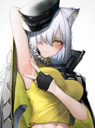Rule 34 | 1girl, absurdres, animal ear fluff, animal ears, arknights, armpits, black gloves, black hat, blush, breasts, cat, cat tail, chain, delphine (arknights), fingerless gloves, gloves, grey hair, hair over one eye, hat, highres, looking at viewer, medium breasts, presenting armpit, shirt, short hair, simple background, solo, spread armpit, tab head, tail, upper body, white background, yellow eyes, yellow shirt