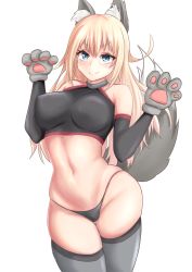 Rule 34 | animal ear fluff, animal ears, animal hands, bare shoulders, belly, bismarck (kancolle), black gloves, black panties, black shirt, blonde hair, blue eyes, breasts, closed mouth, cowboy shot, crop top, elbow gloves, eyelashes, fang, gloves, grey thighhighs, hair between eyes, hands up, highres, kantai collection, large breasts, long hair, midriff, navel, no pants, panties, paw gloves, paw pose, shirt, simple background, sinape, skin fang, skindentation, sleeveless, smile, standing, string panties, tail, tail raised, thighhighs, tight clothes, underwear, v-shaped eyebrows, white background, wide hips