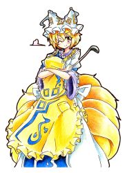 Rule 34 | 1girl, apron, blonde hair, blush, crossed arms, eyelashes, fox tail, goku (acoloredpencil), gokuu (acoloredpencil), hat, highres, ladle, looking at viewer, multiple tails, one eye closed, short hair, simple background, smile, solo, tail, touhou, traditional media, white background, wide sleeves, wink, yakumo ran, yellow eyes