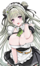 Rule 34 | 1girl, :d, antenna hair, apron, arm cuffs, ascot, black gloves, black skirt, blush, breasts, button gap, cleavage, detached collar, double bun, frilled apron, frills, gloves, goddess of victory: nikke, green ascot, green hair, hair bun, hair ornament, hair ribbon, hairclip, heart antenna hair, kvyv5778, large breasts, long hair, looking at viewer, maid, maid apron, maid headdress, mole, mole on breast, open mouth, pink eyes, pleated skirt, ribbon, skirt, sleeveless, smile, soda (nikke), solo, two-tone gloves, white gloves