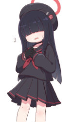 Rule 34 | 1girl, beret, black choker, black gloves, black hair, black hat, black sailor collar, black serafuku, black shirt, black skirt, blue archive, choker, extra, faceless, faceless female, facing viewer, feet out of frame, flying sweatdrops, gloves, hair over eyes, halo, hat, highres, justice task force member (blue archive), long hair, long sleeves, naga u, neckerchief, parted lips, pleated skirt, puffy long sleeves, puffy sleeves, red neckerchief, sailor collar, school uniform, serafuku, shirt, simple background, skirt, solo, standing, sweat, thigh gap, very long hair, wavy mouth, white background