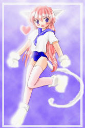 Rule 34 | 1girl, animal ears, animal hands, artist request, blue background, blue eyes, blue neckerchief, blue one-piece swimsuit, blush, breasts, cat ears, cat girl, cat tail, cloud, fang, gloves, heart, lens flare, long hair, looking at viewer, neckerchief, one-piece swimsuit, open mouth, paw gloves, paw shoes, pink thighhighs, red hair, school swimsuit, school uniform, shirt, shoes, short sleeves, sky, small breasts, smile, standing, standing on one leg, swimsuit, swimsuit under clothes, tail, thighhighs, white footwear, white gloves, white shirt