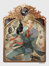 Rule 34 | 1boy, binoculars, black gloves, blonde hair, blue eyes, buttons, collared shirt, commentary request, formal, gloves, green jacket, green vest, gun, handgun, hayashikana, highres, holding, holding gun, holding weapon, jacket, long sleeves, looking at viewer, looking to the side, male focus, necktie, newspaper, pistol, red necktie, shadow, shirt, short hair, solo, spy x family, stopwatch, suit, suit jacket, twilight (spy x family), undercut, very short hair, vest, waistcoat, watch, weapon, wing collar