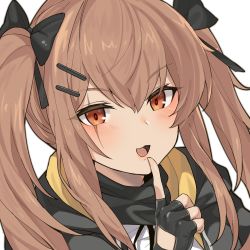 Rule 34 | 1girl, :3, :d, black gloves, black jacket, black neckwear, black ribbon, blush, brown eyes, brown hair, finger to mouth, fingerless gloves, girls&#039; frontline, gloves, hair between eyes, hair ornament, hair ribbon, hairclip, hand up, highres, index finger raised, jacket, jingo, long hair, looking at viewer, open clothes, open jacket, open mouth, ribbon, shirt, sidelocks, simple background, smile, solo, twintails, ump9 (girls&#039; frontline), upper body, v-shaped eyebrows, white background, white shirt